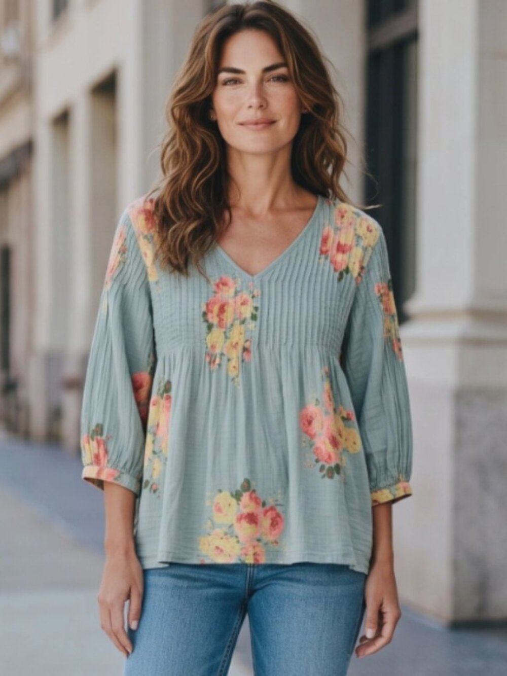 Dolma Bohemian-Styled Floral Cotton 3/4 Sleeve Babydoll Tunic Top Size Large